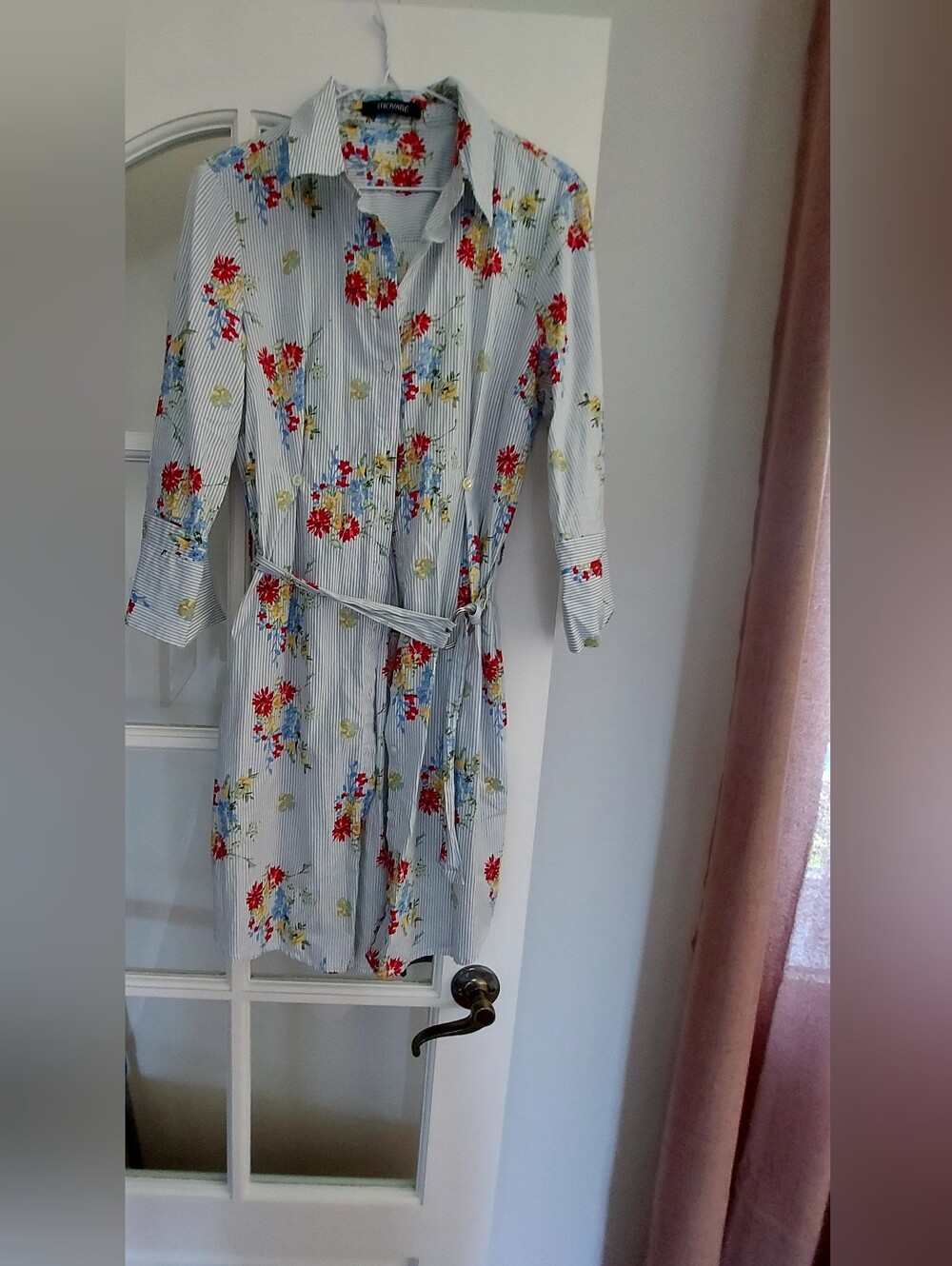 Striped Floral Shirt Dress with Tie Belt - Blue Floral